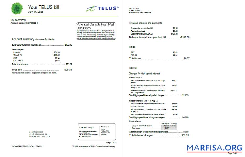Blank Canada Telus utility bill template in Word and PDF formats, 2 pages
